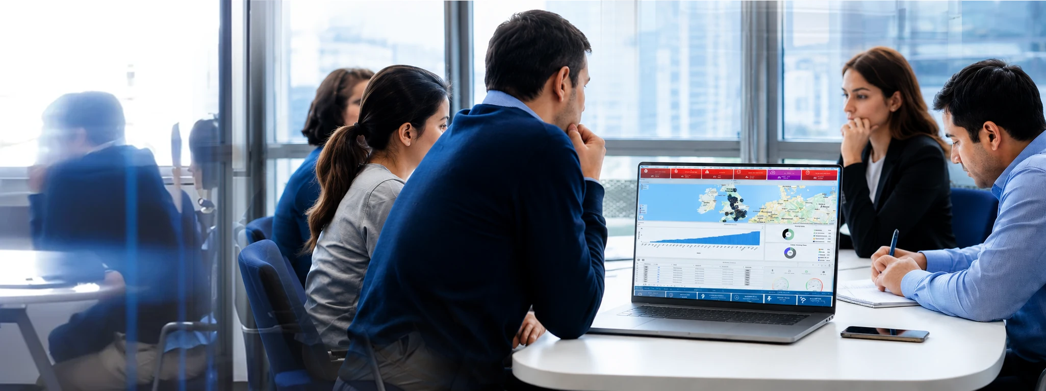 RAZRLAB team reviewing an IoT dashboard in a meeting
